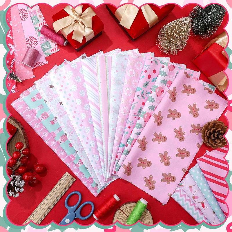 Oudain 60 Pcs 10 x 10 Inch Pastel Christmas Quilting Fabric Squares Vintage Christmas Fat Patchwork Precuts Pink Green Gingerbread Man Nutcracker Fabric Bundles for Xmas DIY Craft Sewing Handmade - Image 3